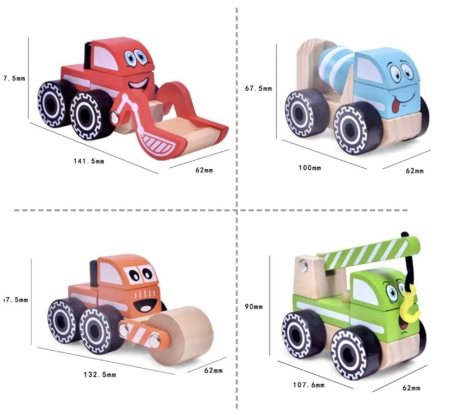 Set 4 Masinute Utilitare - Betoniera, Compactor, Excavator, Macara, din lemn [7]