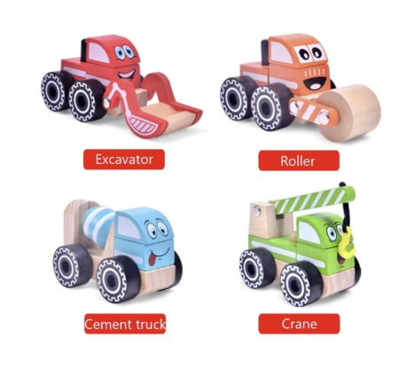Jocuri si Jucarii - Set 4 Masinute Utilitare - Betoniera, Compactor, Excavator, Macara, din lemn