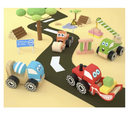 Set 4 Masinute Utilitare - Betoniera, Compactor, Excavator, Macara, din lemn [2]