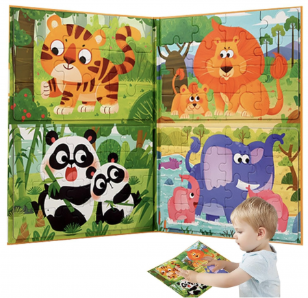 Jocuri si Jucarii - Set 4 puzzle-uri magnetice din lemn – animale salbatice, Montessori