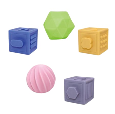 Jocuri si Jucarii - Set 5 cuburi si mingiute senzoriale pentru bebelusi