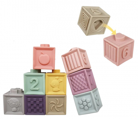 Jocuri si Jucarii - Set 6 cuburi silicon pentru bebelusi, texturate, interconectabile
