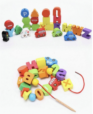 Set 75 piese de snuruit, cu litere, cifre, forme si vehicule, din lemn [2]
