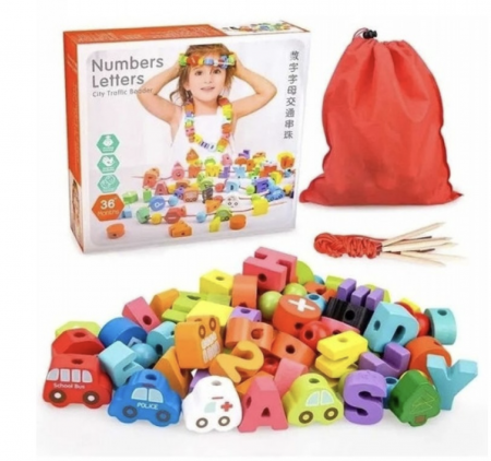Jocuri si Jucarii - Set 75 piese de snuruit, cu litere, cifre, forme si vehicule, din lemn