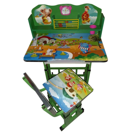 Birouri pentru copii - Set birou si scaun copii B1, cu cadru metalic, blat MDF, ceas si abac, Joaca Verde