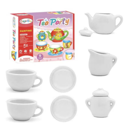 Jocuri de indemanare manuala - Set creativ de pictat mini serviciu de ceai din ceramica Tea Party, 9 piese, vopsele si pensula, +5 ani