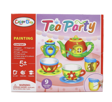 Jocuri de indemanare manuala - Set creativ de pictat mini serviciu de ceai din ceramica Tea Party, 9 piese, vopsele si pensula, +5 ani