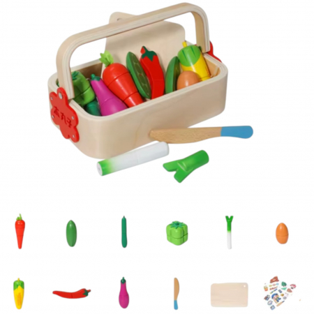 Jocuri si Jucarii - Set Cutie de tip Cos cu Tocator și Legume, cu stickere, din Lemn