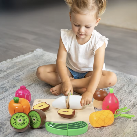 Set Cutie de tip Cos cu Tocator și Fructe, cu stickere, din Lemn [3]