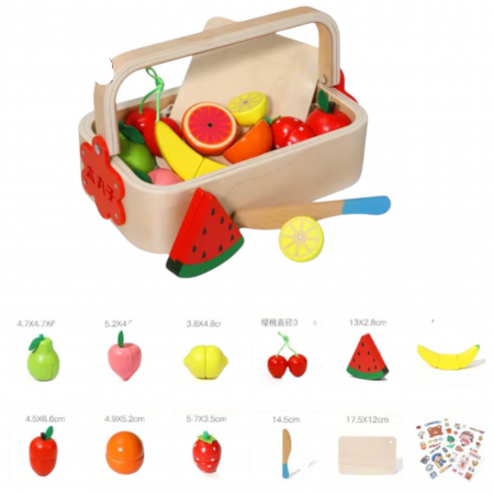 Jocuri si Jucarii - Set Cutie de tip Cos cu Tocator și Fructe, cu stickere, din Lemn