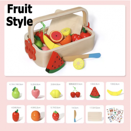 Set Cutie de tip Cos cu Tocator și Fructe, cu stickere, din Lemn [2]