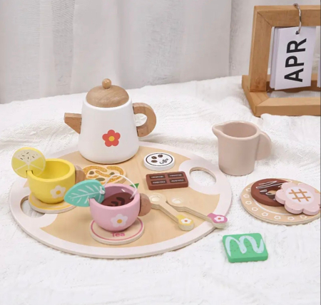 Jocuri si Jucarii - Set de ceai Montessori, din lemn, natur