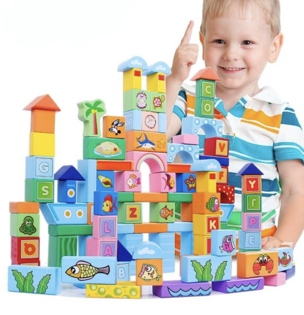 Jocuri si Jucarii - Set de constructie 100 Cuburi din lemn - Ocean, Animale Marine