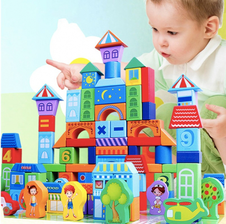 Cuburi din lemn - Set de constructie 100 Cuburi din lemn - Urban Trafic