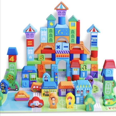 Jocuri si Jucarii - Set de constructie 100 Cuburi din lemn - Smart Town