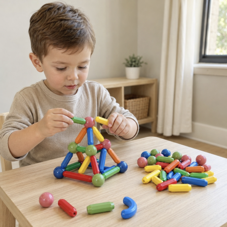 Jocuri si Jucarii - Set de constructie magnetic cu bile si bare colorate, 64 piese, 3 ani+