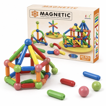 Jocuri si Jucarii - Set de constructie magnetic cu bile si bare colorate, 64 piese, 3 ani+