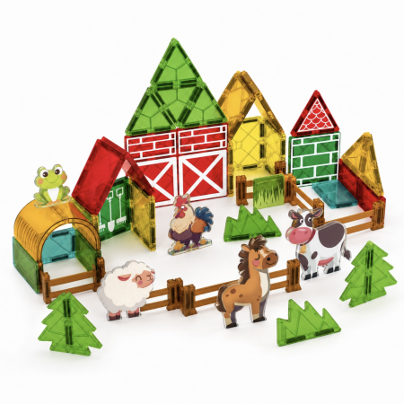 Jocuri si Jucarii - Set de constructie magnetic Ferma cu 5 animale si placi ilustrate, 70 piese, 3 ani+