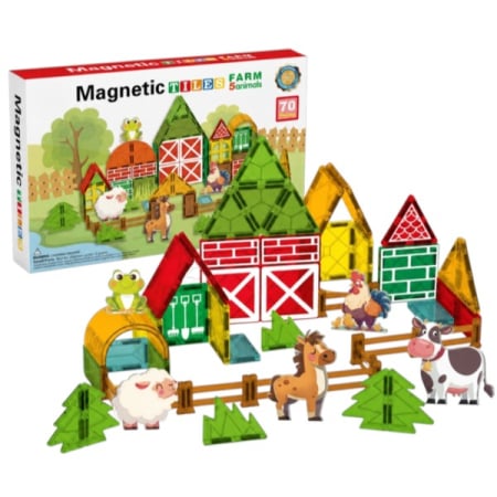 Jocuri si Jucarii - Set de constructie magnetic Ferma cu 5 animale si placi ilustrate, 70 piese, 3 ani+