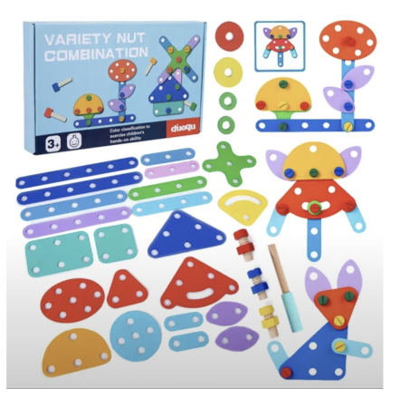 Jocuri si Jucarii - Set de Constructie si Sortare Forme, Variety Nut Combination, din Lemn
