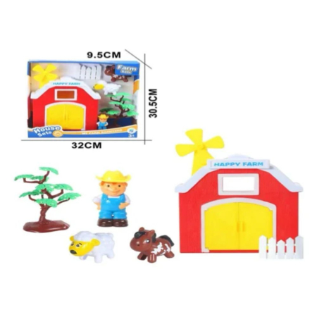 Jocuri si Jucarii - Set Ferma Copii Happy Farm Cu Hambar Figurine Animale Si Fermier 3 Ani