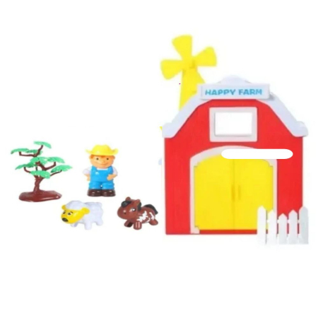 Jocuri si Jucarii - Set Ferma Copii Happy Farm Cu Hambar Figurine Animale Si Fermier 3 Ani