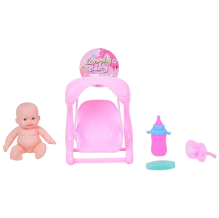 Papusi: bebelusi si personaje din desene animate - Set de joaca Papusa Bebe cu accesorii leagan, biberon, suzeta si sapun, 3 ani+