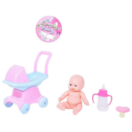 Papusi: bebelusi si personaje din desene animate - Set de joaca Papusa Bebe cu accesorii carucior, biberon si suzeta, 3 ani+