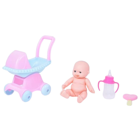 Papusi: bebelusi si personaje din desene animate - Set de joaca Papusa Bebe cu accesorii carucior, biberon si suzeta, 3 ani+