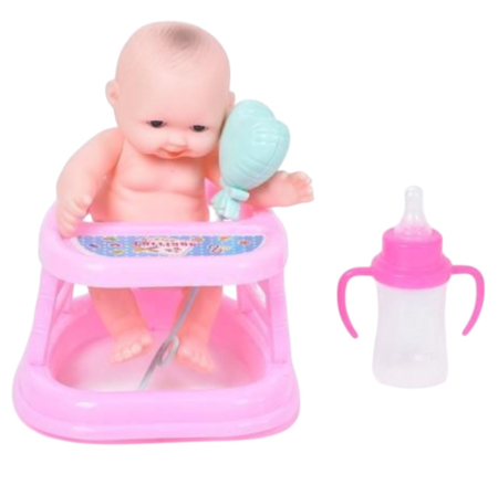 Papusi: bebelusi si personaje din desene animate - Set de joaca Papusa Bebe cu accesorii scaun de masa, biberon, bagheta magica, 3 ani+