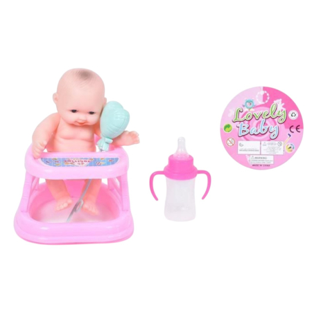 Papusi: bebelusi si personaje din desene animate - Set de joaca Papusa Bebe cu accesorii scaun de masa, biberon, bagheta magica, 3 ani+