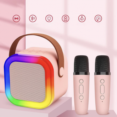 Set Karaoke cu Boxa Difuzor si 2 Microfoane Wireless, cu bluetooth, acumulator, roz [2]