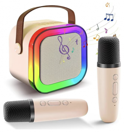 Set Karaoke cu Boxa Difuzor si 2 Microfoane Wireless, cu bluetooth, acumulator, crem [6]