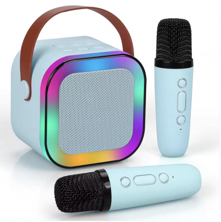 Set Karaoke cu Boxa Difuzor si 2 Microfoane Wireless, cu bluetooth, acumulator, crem [17]