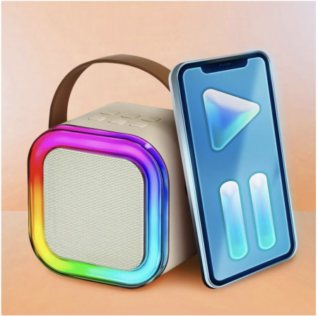 Set Karaoke cu Boxa Difuzor si 2 Microfoane Wireless, cu bluetooth, acumulator, crem [15]