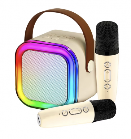 Artist - instrumente muzicale - Set Karaoke cu Boxa Difuzor si 2 Microfoane Wireless, cu bluetooth, acumulator, crem