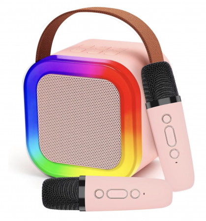 Artist - instrumente muzicale - Set Karaoke cu Boxa Difuzor si 2 Microfoane Wireless, cu bluetooth, acumulator, roz