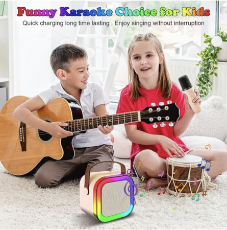 Set Karaoke cu Boxa Difuzor si 2 Microfoane Wireless, cu bluetooth, acumulator, crem [12]