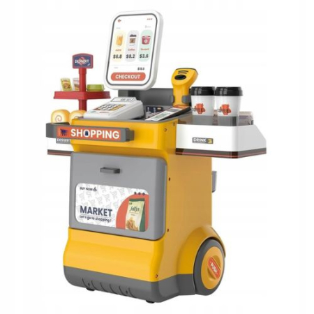 Jocuri si Jucarii - Set magazin de jucarie copii cu lada pe roti, scaner cu sunet si accesorii, galben