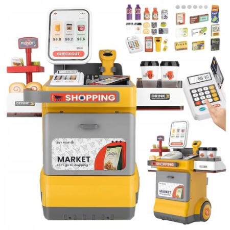 Set magazin de jucarie copii cu lada pe roti, scaner cu sunet si accesorii, galben [3]