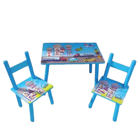 Camera copilului - Set masuta cu doua scaune pentru copii, din MDF, albastru, 59x39x40 cm