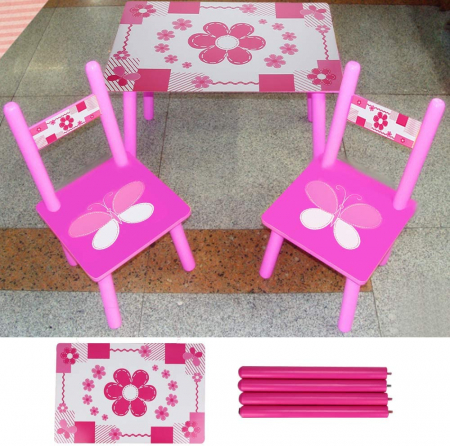 Set masuta cu doua scaune pentru copii, din MDF, Roz cu alb, 59x39x40 cm [4]