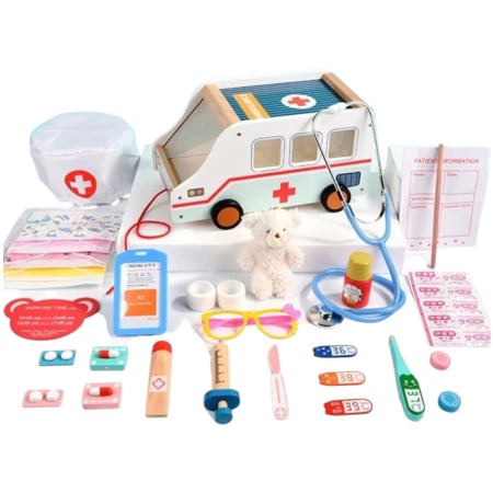 Jucarii de sortat si motricitate fina - Set medical din lemn Ambulance Doctor cu masinuta de tras, ursulet si 29 piese, +3 ani