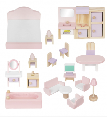 Set mobilier roz pentru casuta de papusi, 22 piese, din lemn [1]