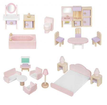 Set mobilier roz pentru casuta de papusi, 22 piese, din lemn [0]