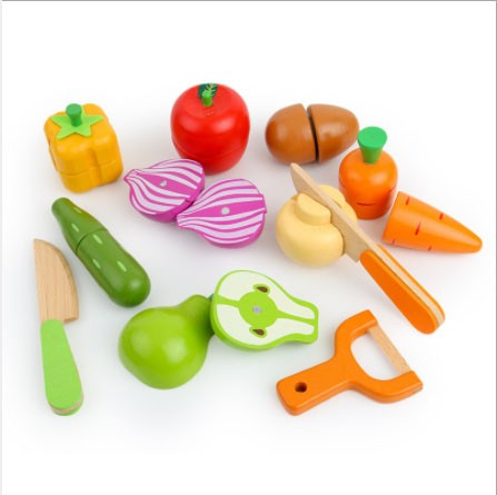 Set Montessori 12 Piese, Tavita cu legume si fructe de taiat, din lemn