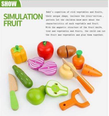 Set Montessori 12 Piese, Tavita cu legume si fructe de taiat, din lemn [5]