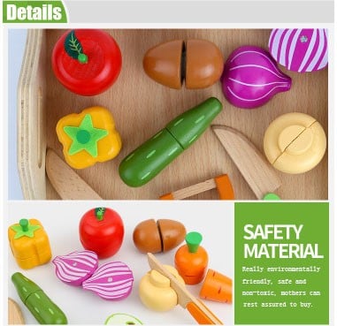 Set Montessori 12 Piese, Tavita cu legume si fructe de taiat, din lemn [6]