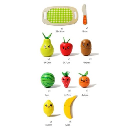 Jocuri si Jucarii - Set Montessori 18 Piese, Tavita cu 8 fructe de taiat, din lemn