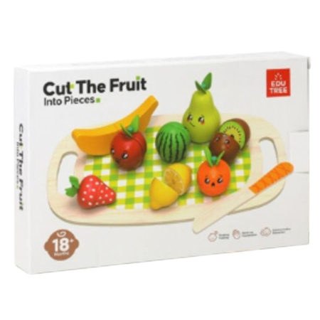 Jocuri si Jucarii - Set Montessori 18 Piese, Tavita cu 8 fructe de taiat, din lemn